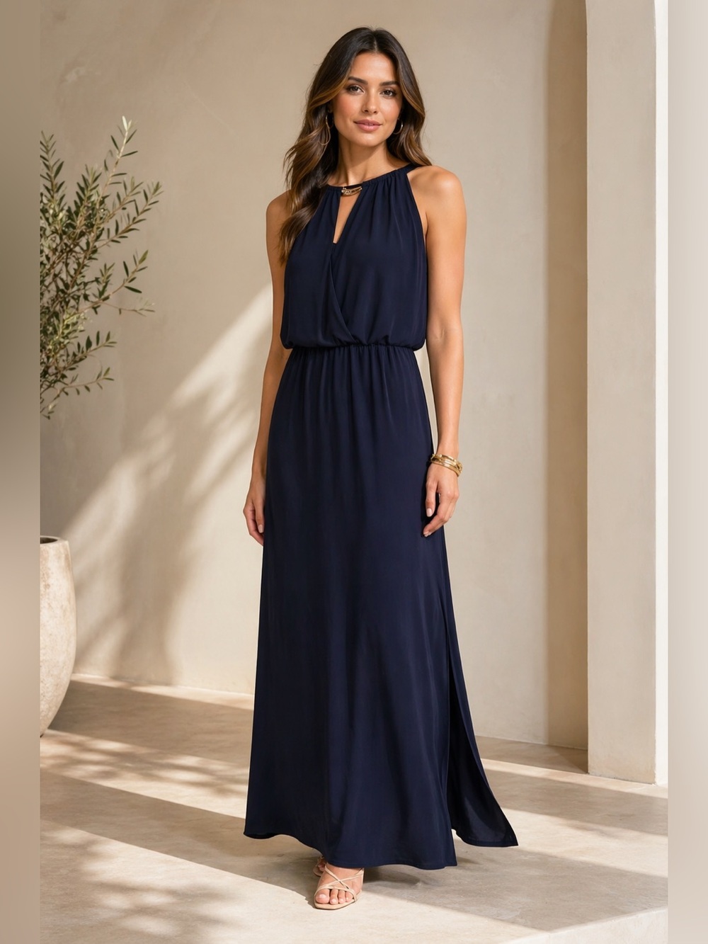 Chaps Keyhole Blue Maxi Dress Gown with Gold Chain Detail size S